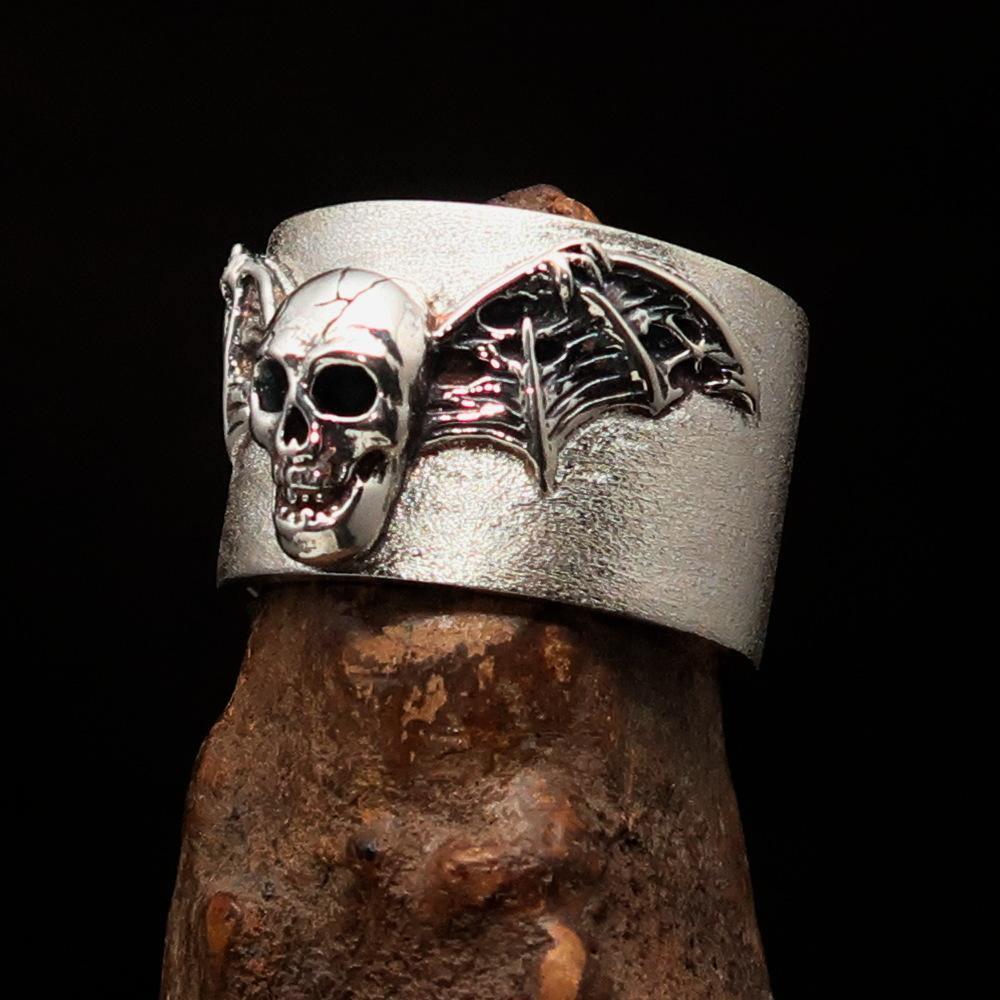 Excellent crafted two tone winged Bat Skull Ring - Matte Sterling Silver - BikeRing4u