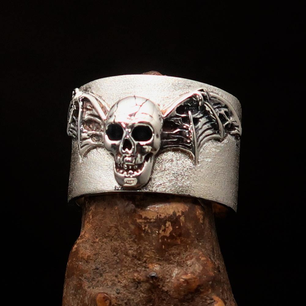 Excellent crafted two tone winged Bat Skull Ring - Matte Sterling Silver - BikeRing4u