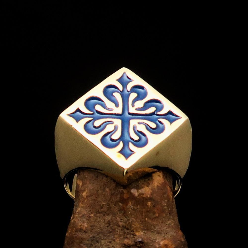 Excellent crafted Men's Royal Blue Fleur de Lis Cross Ring - solid Brass - BikeRing4u