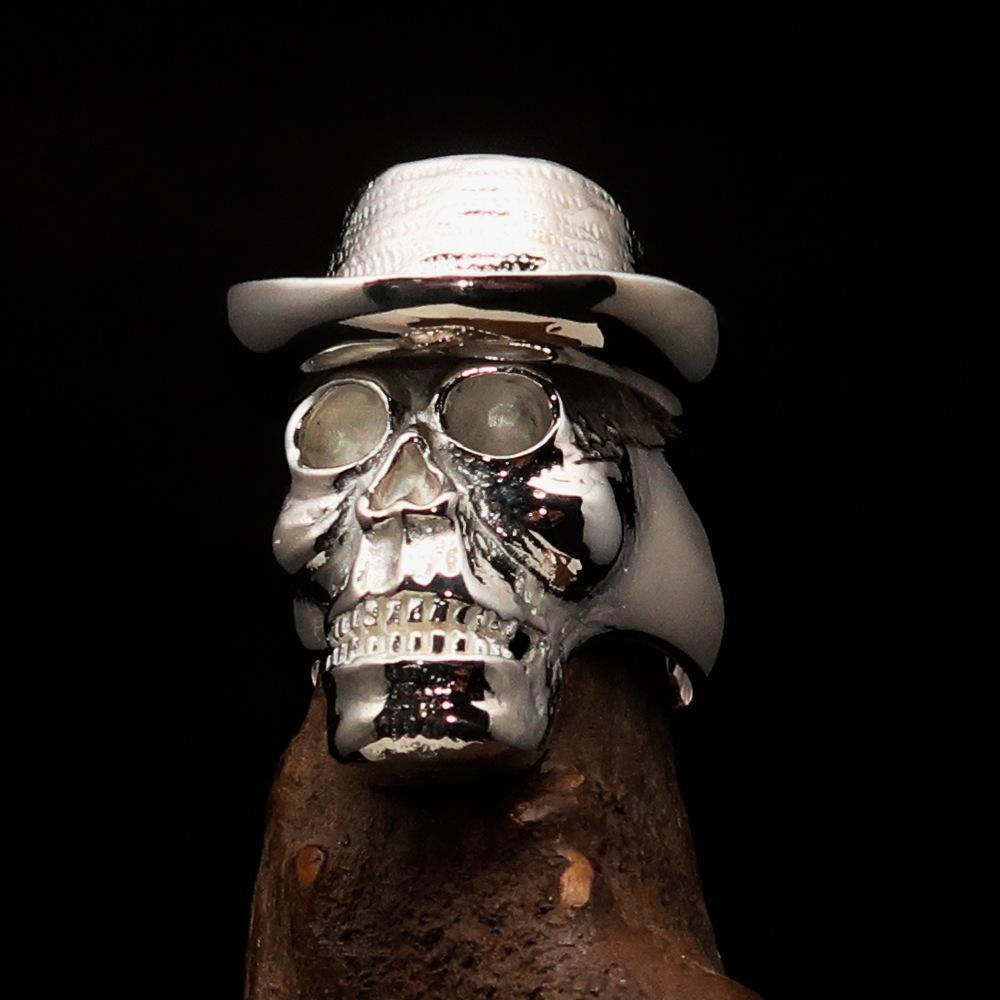 Excellent crafted shiny Men's Sterling Silver Cowboy Skull Ring - BikeRing4u
