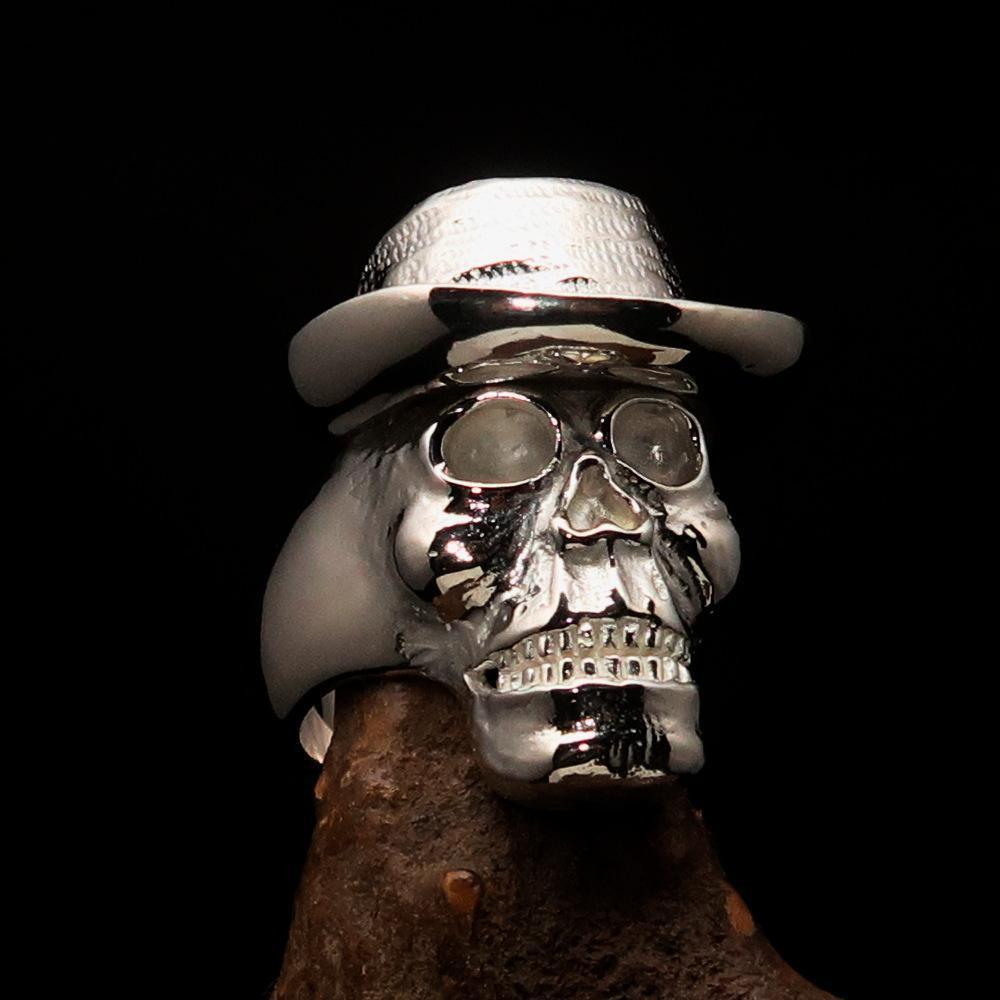 Excellent crafted shiny Men's Sterling Silver Cowboy Skull Ring - BikeRing4u