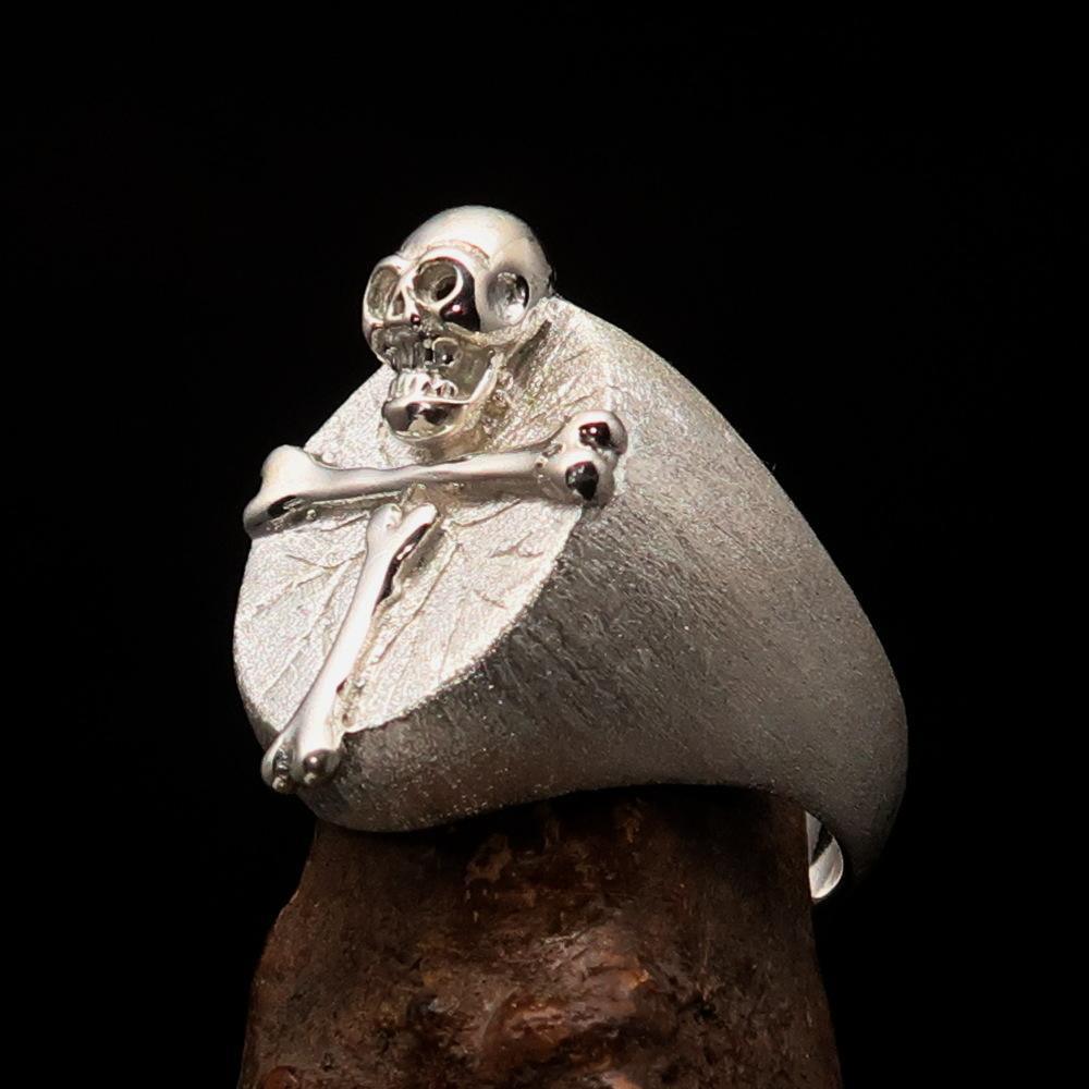 Excellent crafted Men's Ring Bone Cross R.I.P Skull matte finish - Sterling Silver - BikeRing4u