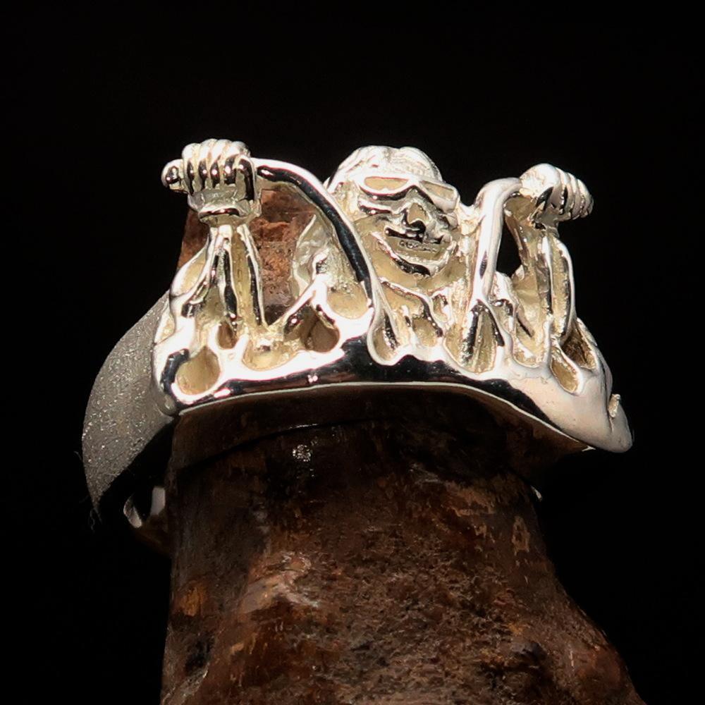 Men's Outlaw Ring Biker on Chopper - matte finished Sterling Silver - BikeRing4u