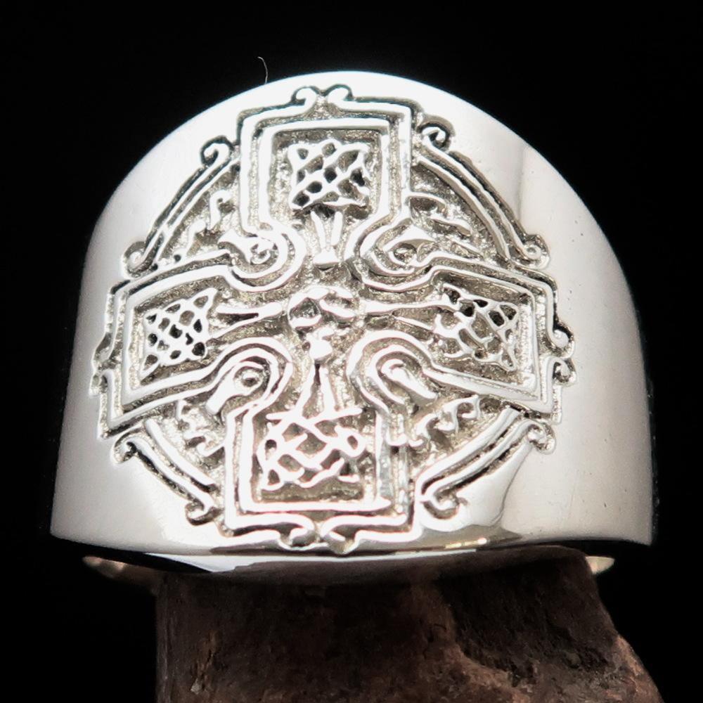 Excellent crafted mirror polished Men's ancient Celtic Runes Cross Ring - Sterling Silver - BikeRing4u
