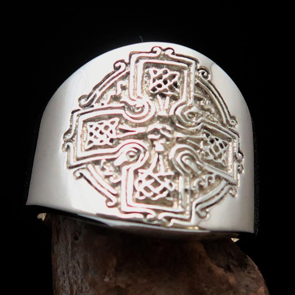 Excellent crafted mirror polished Men's ancient Celtic Runes Cross Ring - Sterling Silver - BikeRing4u
