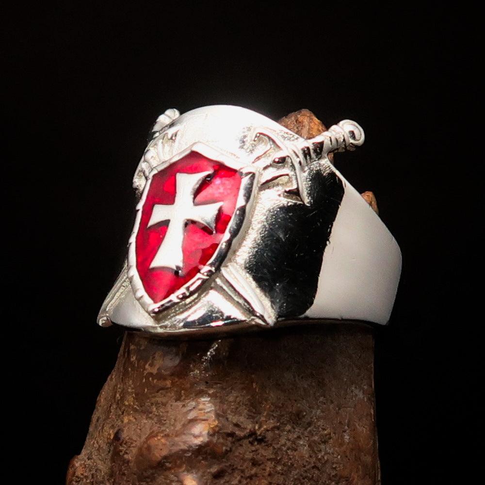 Crossed Swords Men's red Knights Templar Cross Ring - Sterling Silver - BikeRing4u