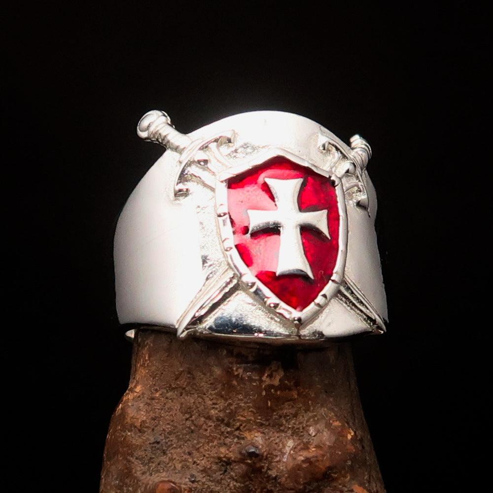 Crossed Swords Men's red Knights Templar Cross Ring - Sterling Silver - BikeRing4u