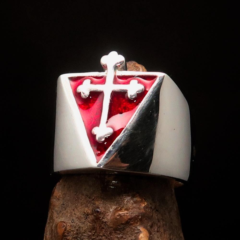 Excellent crafted Men's red Coptic Cross Ring - Sterling Silver - BikeRing4u