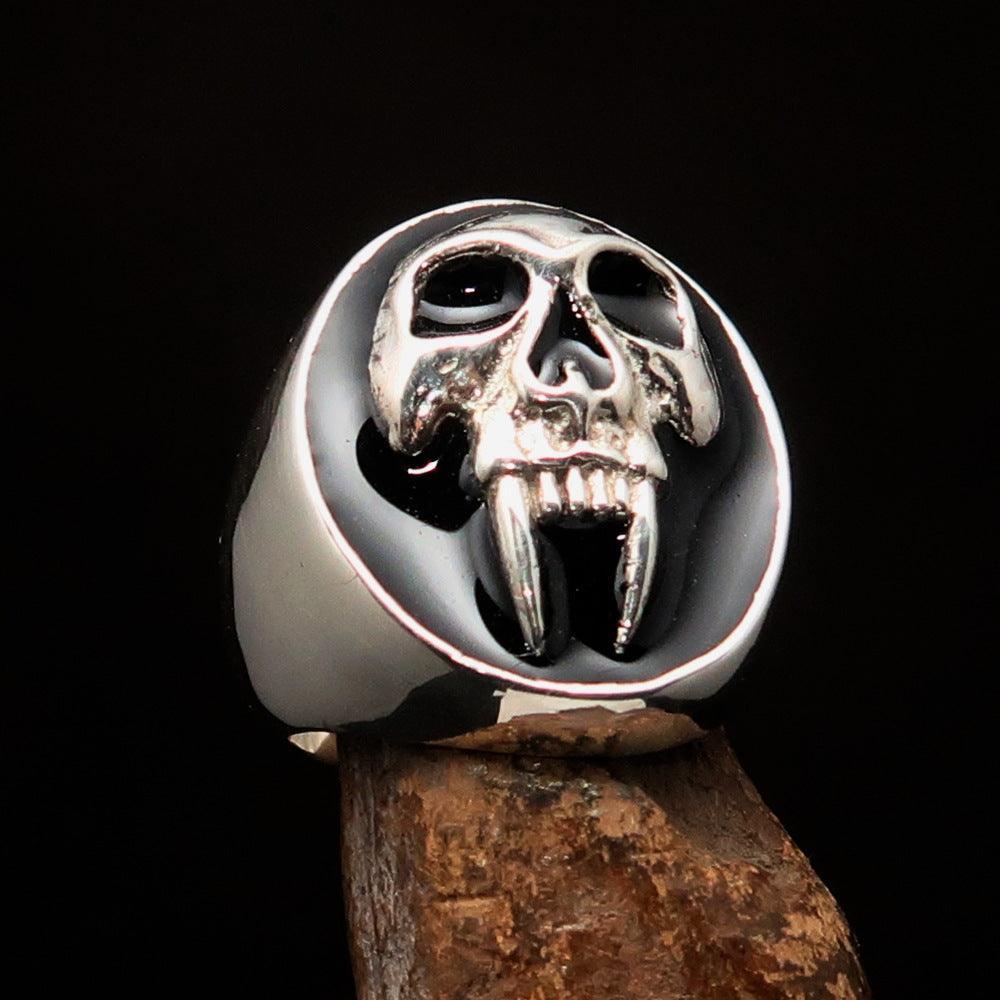 Excellent crafted oval Men's Black Vampire Skull Ring - Sterling Silver - BikeRing4u