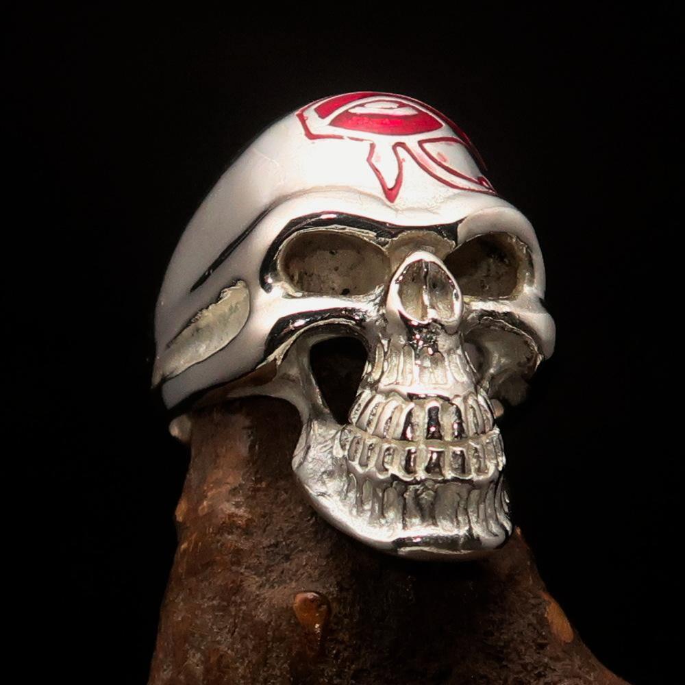 Excellent crafted Men's Skull Ring red Eye of Ra - Sterling Silver - BikeRing4u