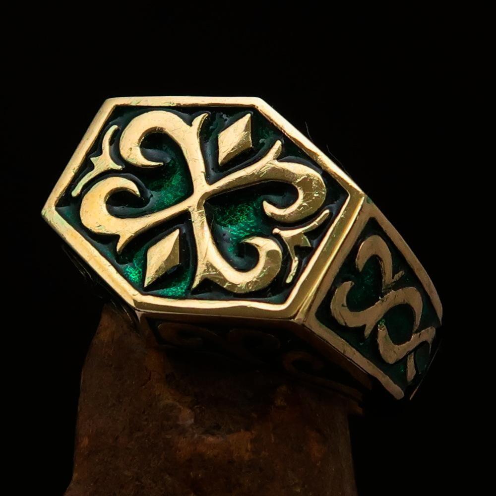 Excellent crafted Men's Medieval Ring Green Oriental Crest Solid Brass - BikeRing4u