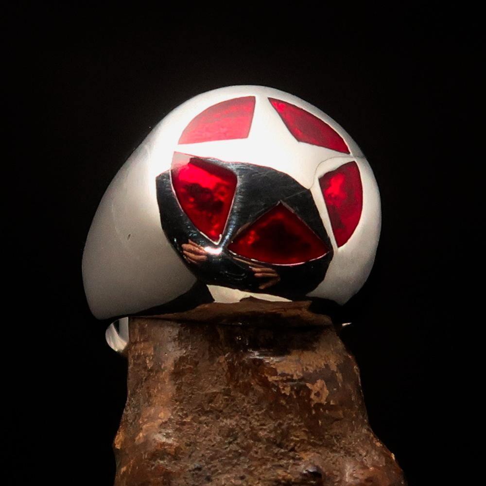 Excellent crafted Men's US Marshall Ring red Star - Sterling Silver - BikeRing4u