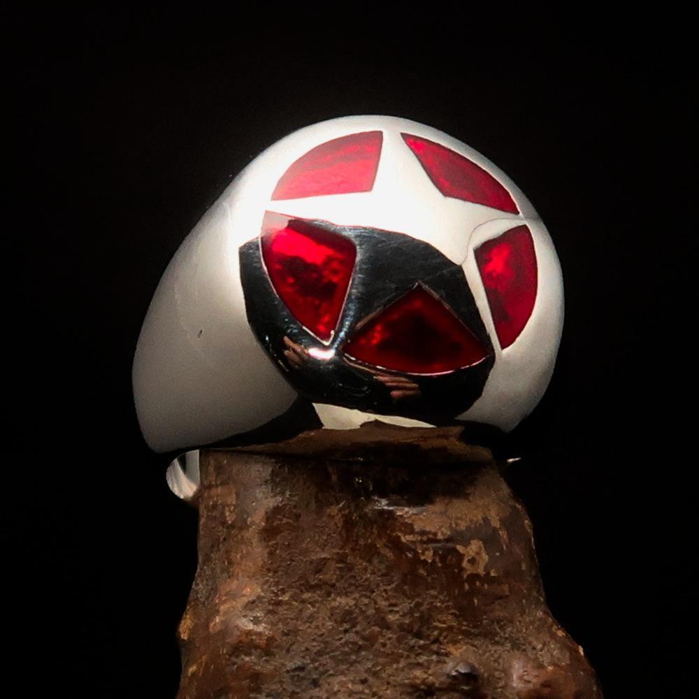 Excellent crafted Men's US Marshall Ring red Star - Sterling Silver - BikeRing4u