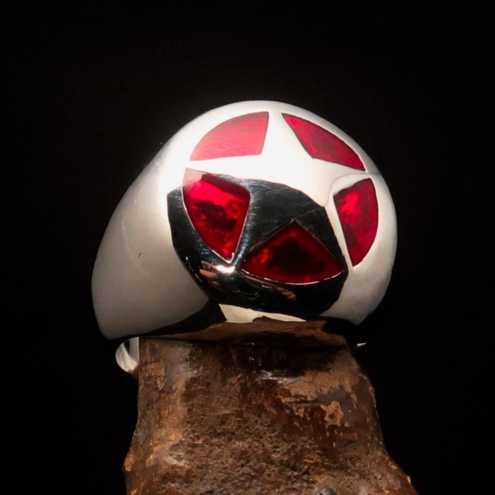 Excellent crafted Men's US Marshall Ring red Star - Sterling Silver - BikeRing4u
