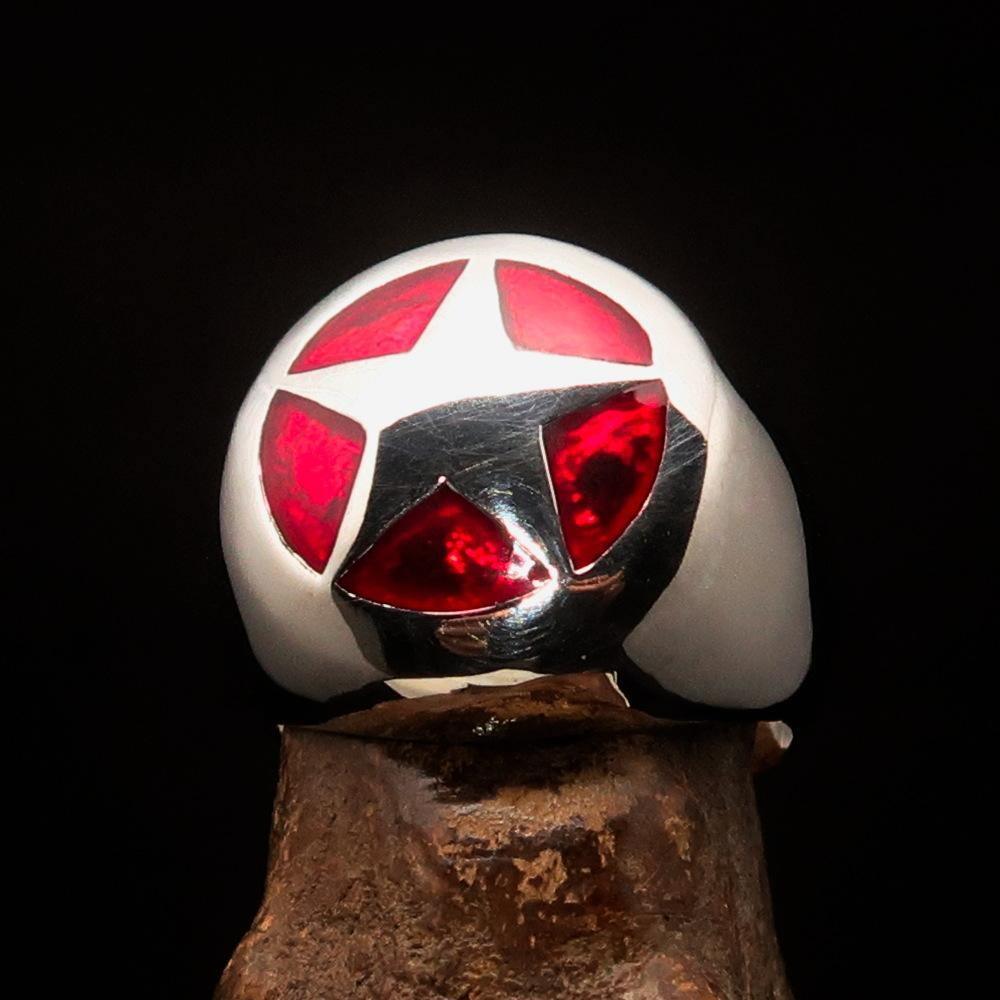 Excellent crafted Men's US Marshall Ring red Star - Sterling Silver - BikeRing4u