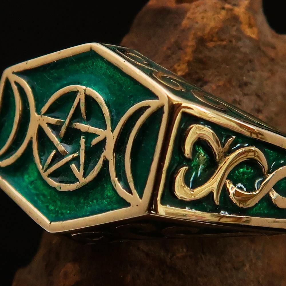 Men's Solid Brass Ring green Crescent Moon Pentagram Star - BikeRing4u