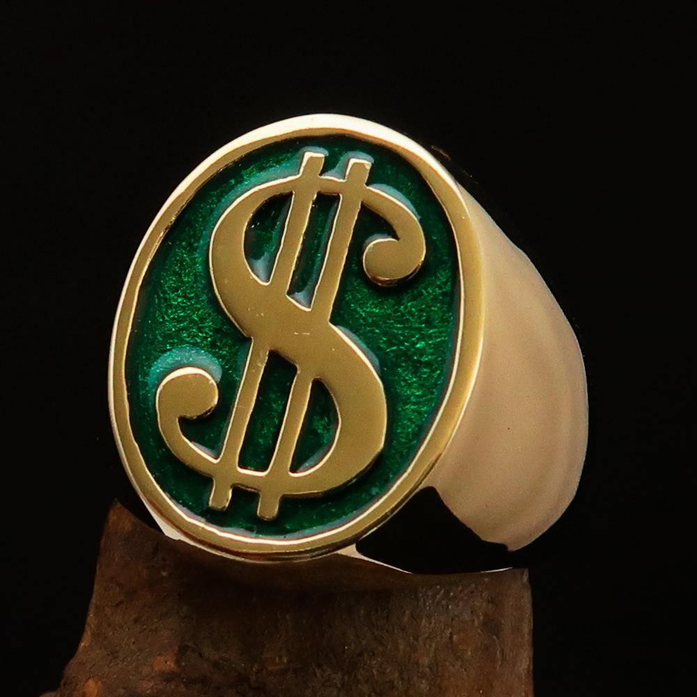 Excellent crafted Men's Currency Ring US Dollar Symbol Green - Solid Brass - BikeRing4u