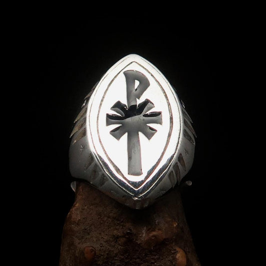 Ancient Men's Christian Monogram Cross Ring black Chi Rho XP - Sterling Silver - BikeRing4u
