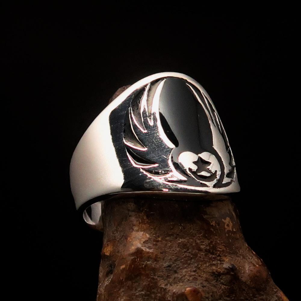 Excellent crafted Men's Claddagh Ring black winged heart Star Moon - Sterling Silver - BikeRing4u
