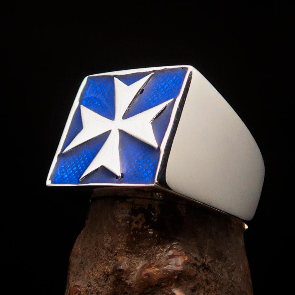 Perfectly crafted Men's Biker Ring Maltese Cross Blue - Sterling Silver - BikeRing4u