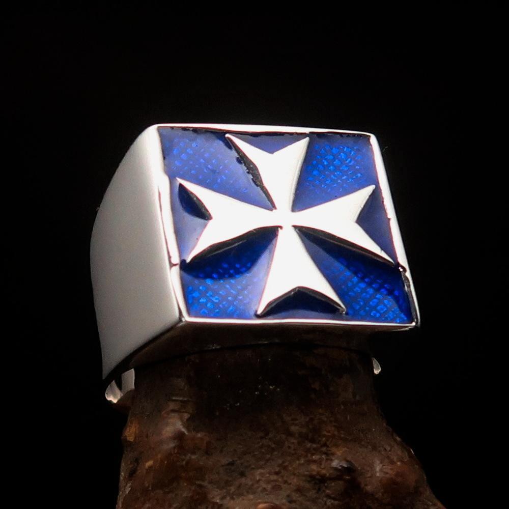 Perfectly crafted Men's Biker Ring Maltese Cross Blue - Sterling Silver - BikeRing4u