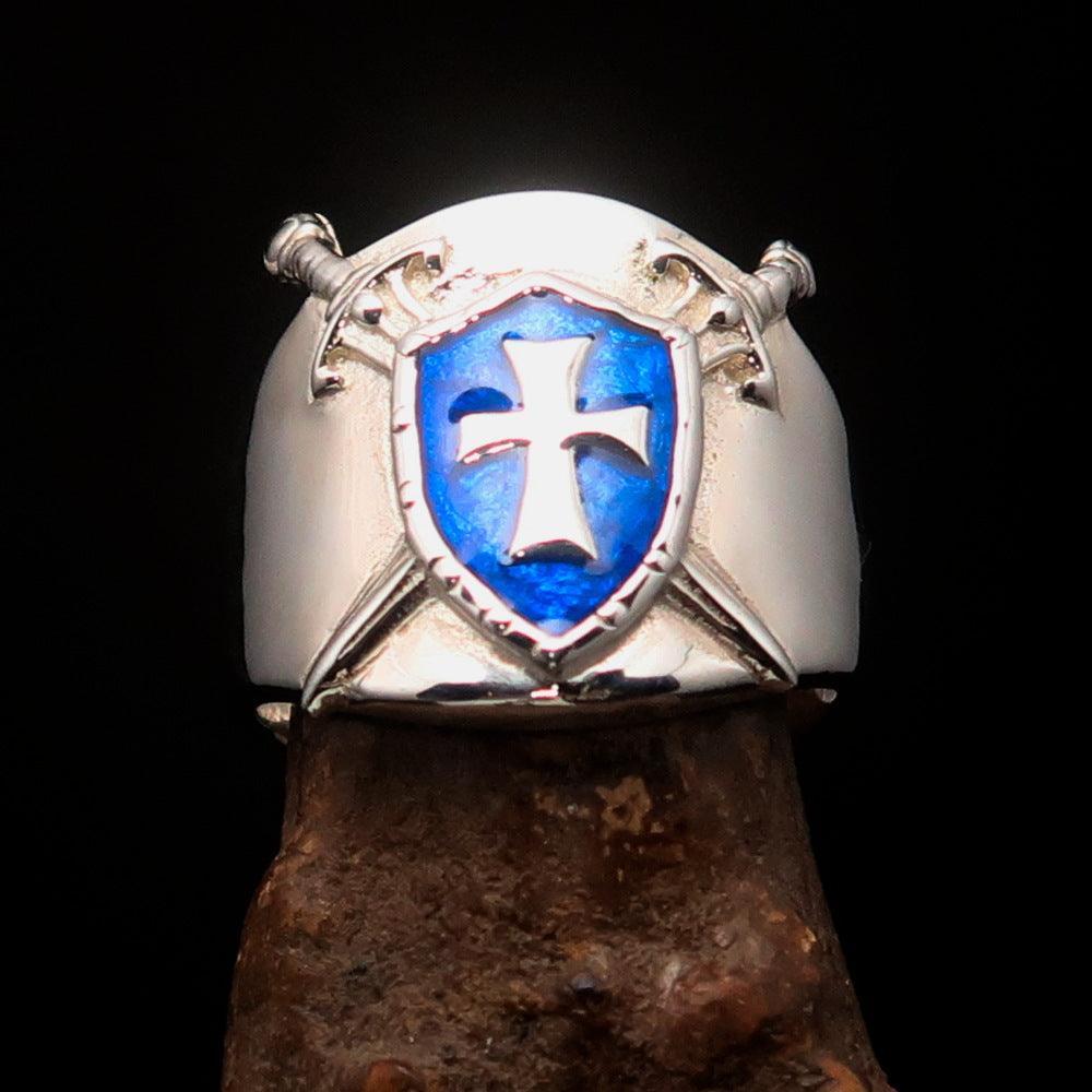 Crossed Swords Men's blue Knights Templar Cross Ring - Sterling Silver - BikeRing4u