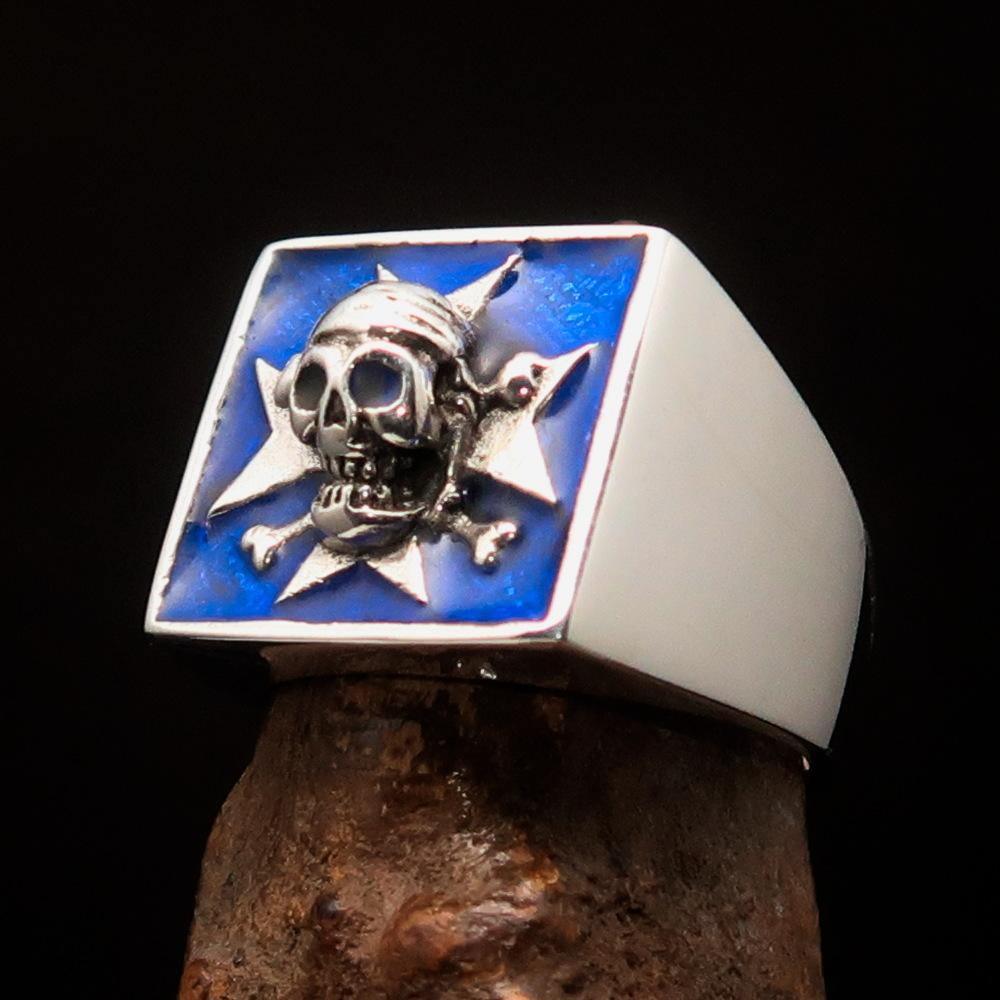 Excellent crafted Men's Pirate Skull Ring Blue Maltese Cross - Sterling Silver - BikeRing4u