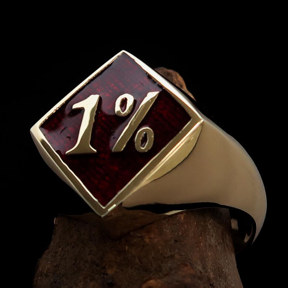 Men's Brass Biker Ring Diamond shaped 1% Percent Outlaw Symbol Red - BikeRing4u