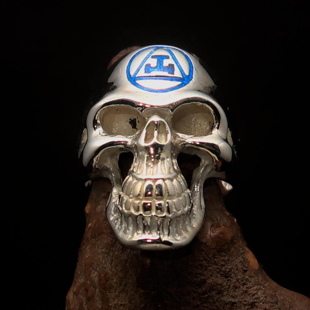 Excellent crafted Men's Masonic Ring Blue Archer Skull - Sterling Silver - BikeRing4u