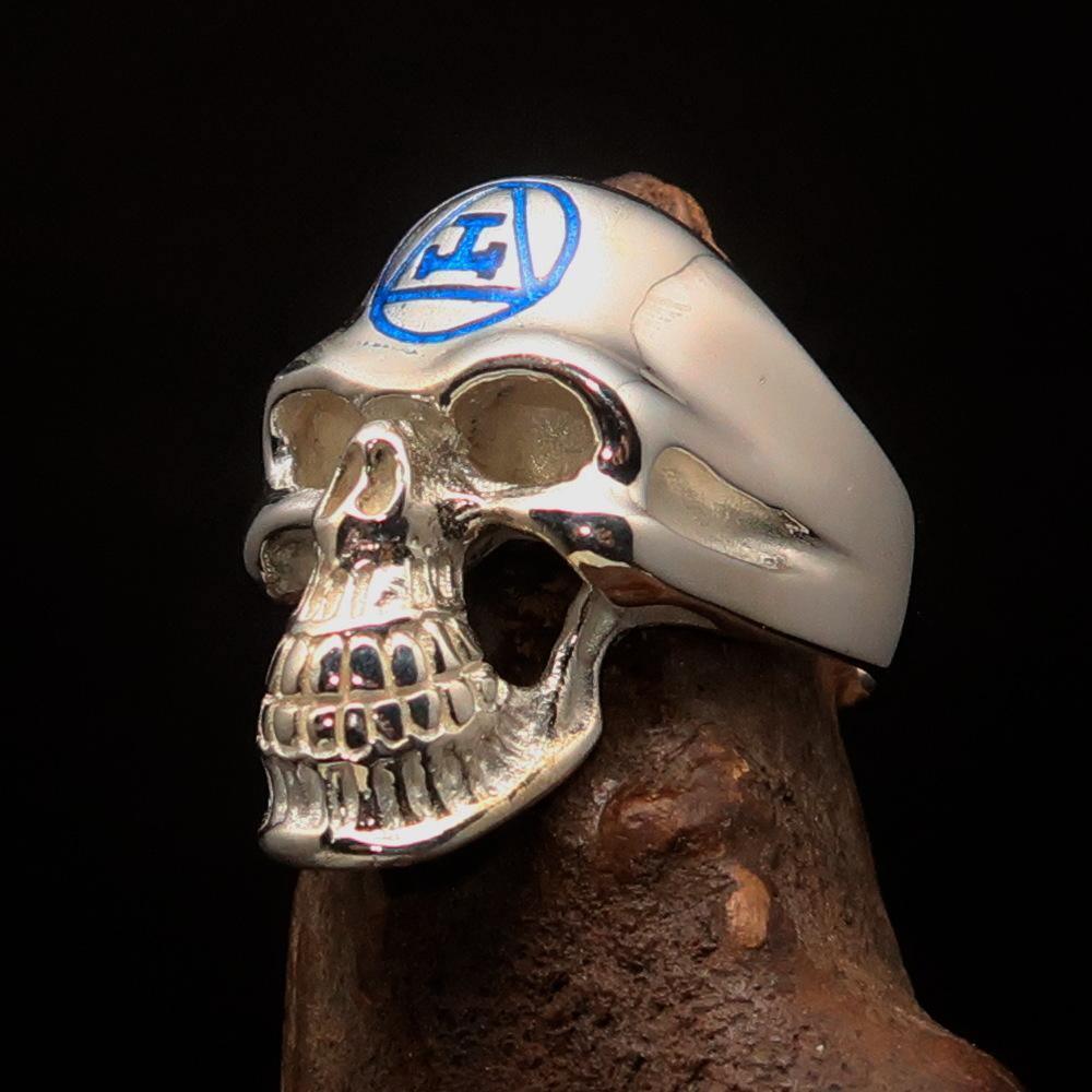 Excellent crafted Men's Masonic Ring Blue Archer Skull - Sterling Silver - BikeRing4u