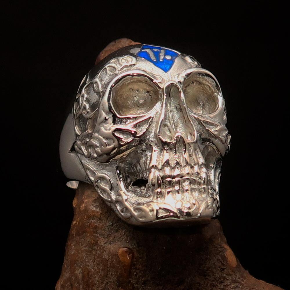 Excellent crafted Men's blue 1% Runes Skull Outlaw Ring - Sterling Silver - BikeRing4u