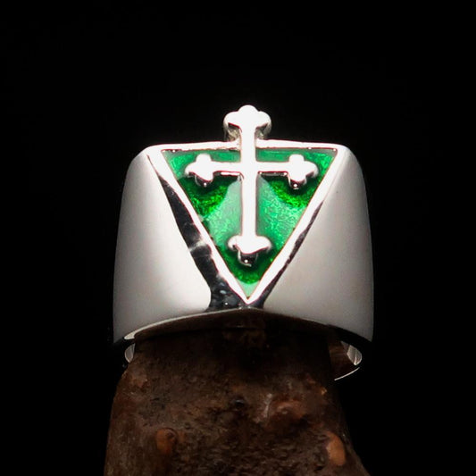 Excellent crafted Men's Green Coptic Cross Ring - Sterling Silver - BikeRing4u