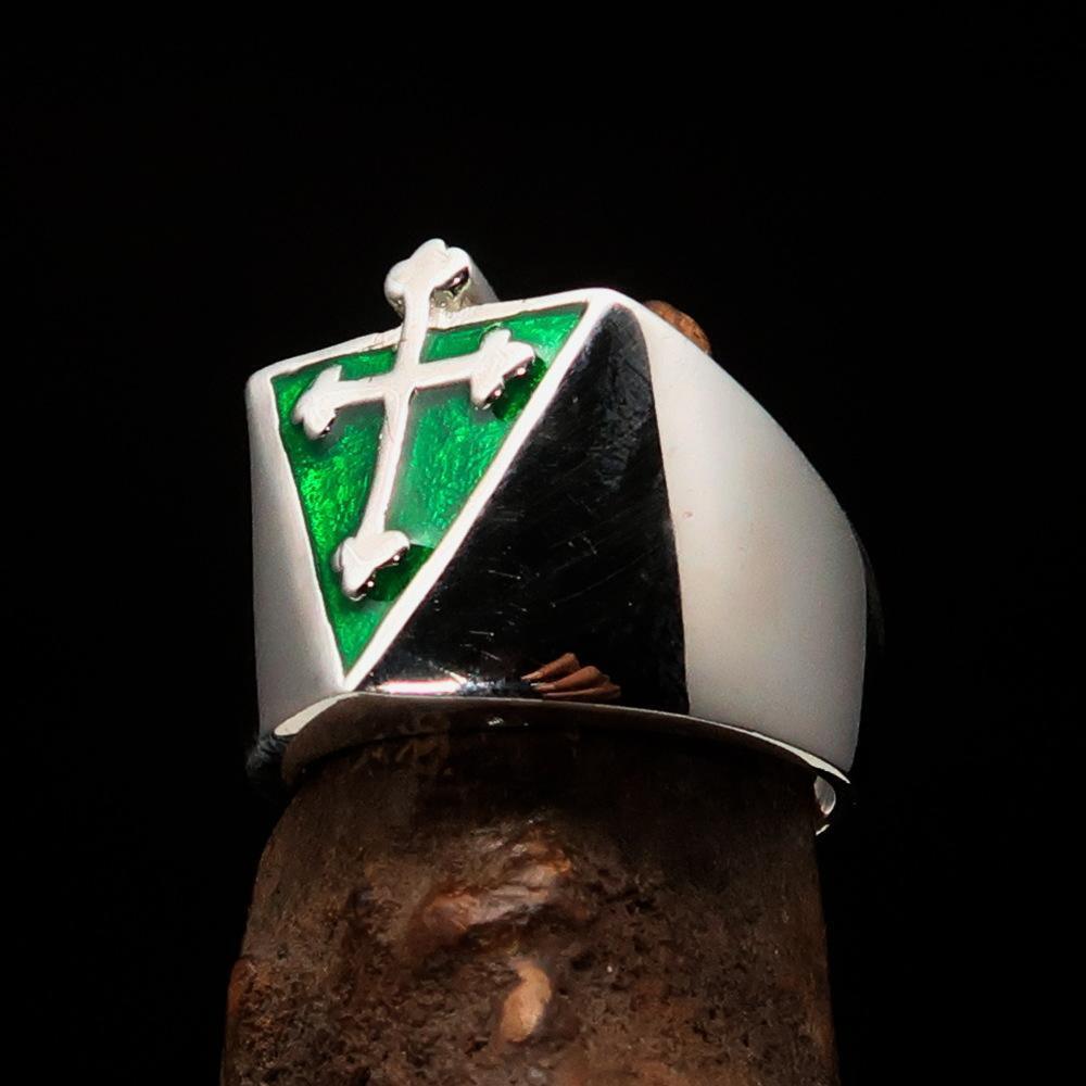 Excellent crafted Men's Green Coptic Cross Ring - Sterling Silver - BikeRing4u