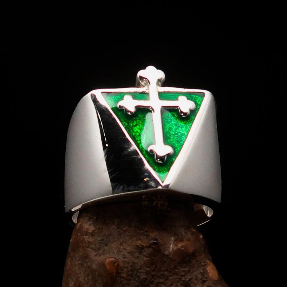 Excellent crafted Men's Green Coptic Cross Ring - Sterling Silver - BikeRing4u