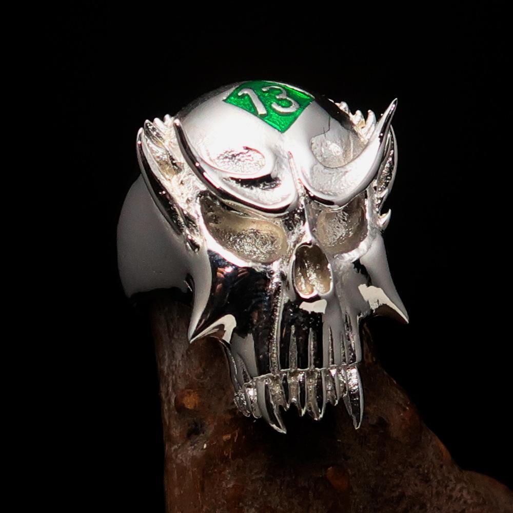Excellent crafted Men's Vampire Skull Ring Green Diamond 13 - Sterling Silver - BikeRing4u