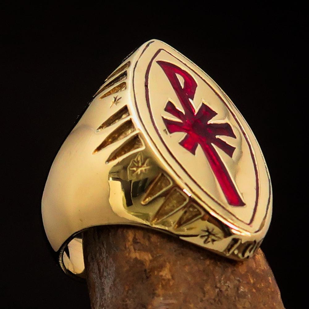 Ancient Christian Monogram Men's Cross Ring red Chi Rho XP - Solid Brass - BikeRing4u