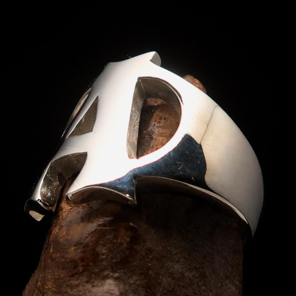 Mirror polished Men's Sterling Silver Initial Ring one bold Letter A - BikeRing4u