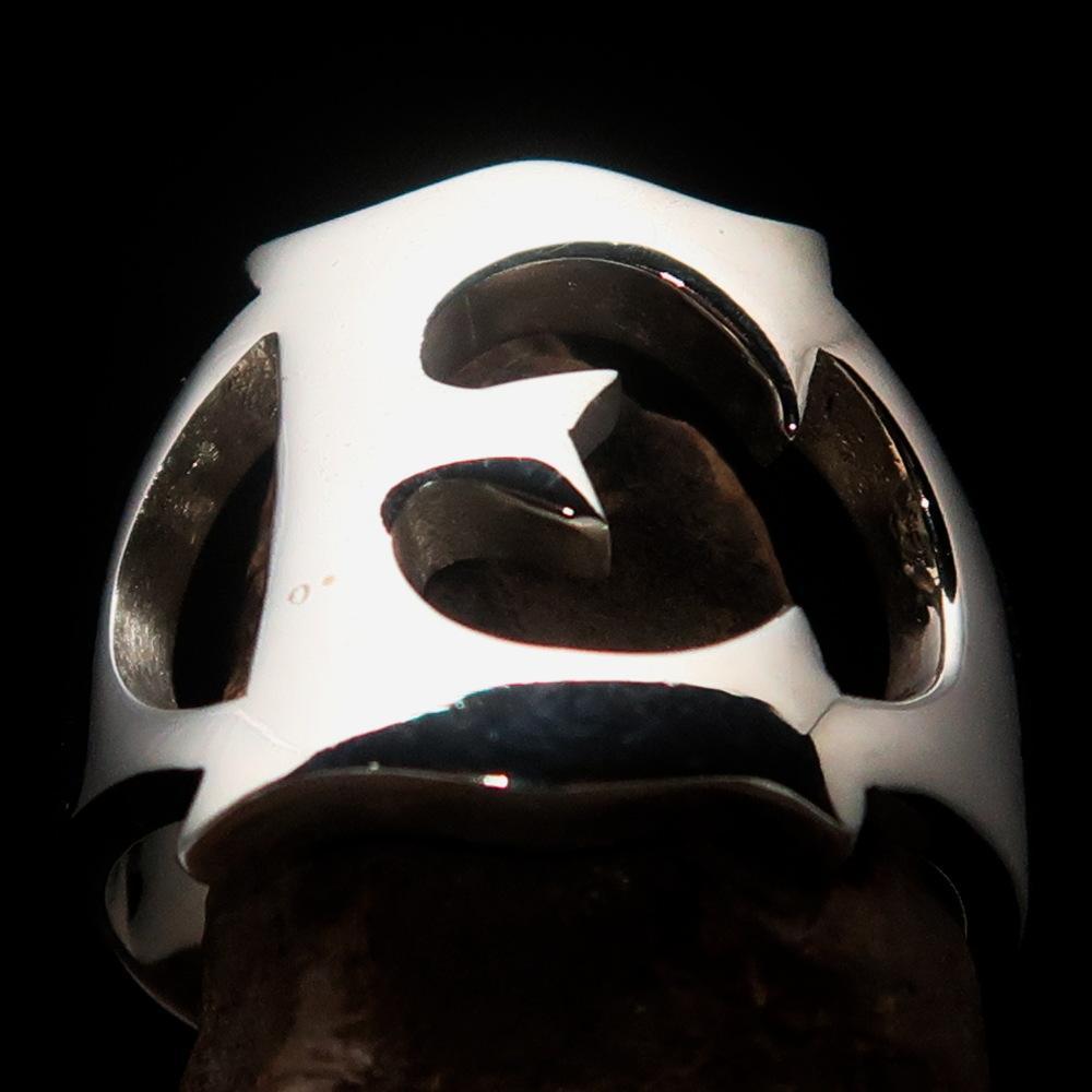 Mirror polished Men's Sterling Silver Initial Ring one bold Letter E - BikeRing4u