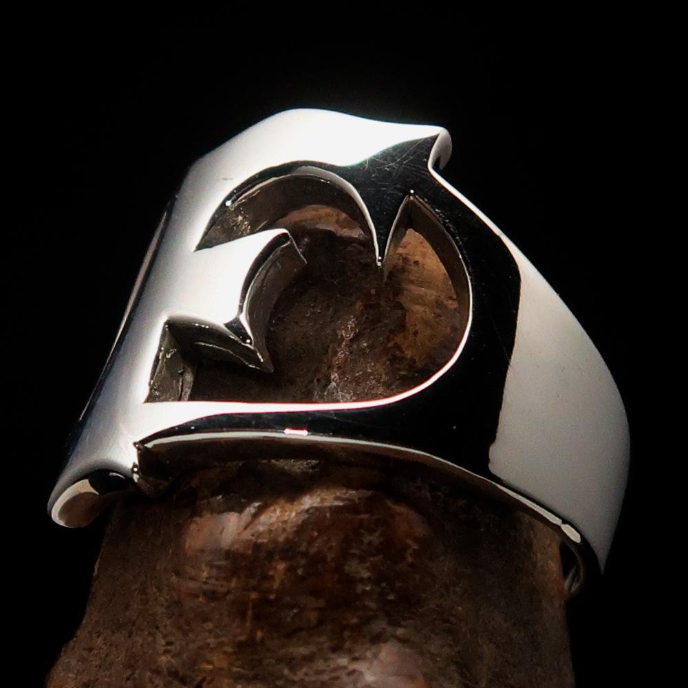 Mirror polished Men's Sterling Silver Initial Ring one bold Letter F - BikeRing4u