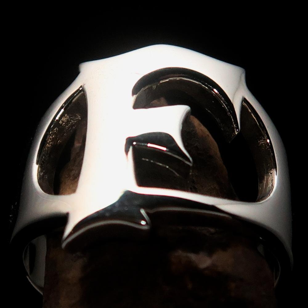 Mirror polished Men's Sterling Silver Initial Ring one bold Letter F - BikeRing4u