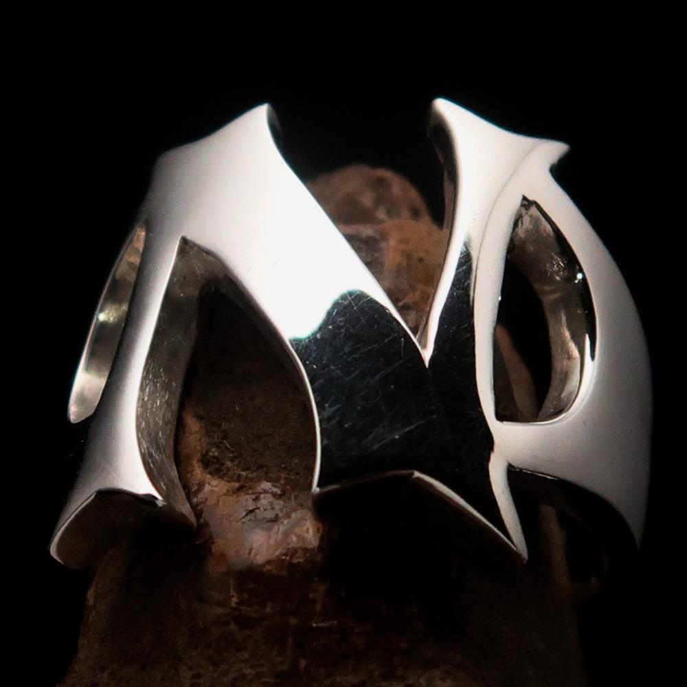 Mirror polished Men's Sterling Silver Initial Ring one bold Letter N - BikeRing4u