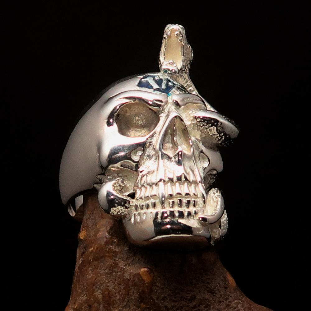 Excellent crafted Men's blue 1% Snake Skull Outlaw Ring - Sterling Silver - BikeRing4u