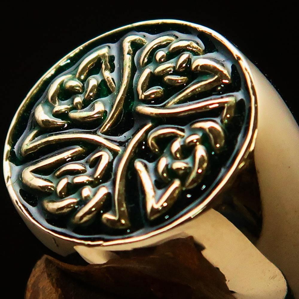 Perfectly crafted Men's Ring Celtic Birgit's Cross Green - Solid Brass - BikeRing4u