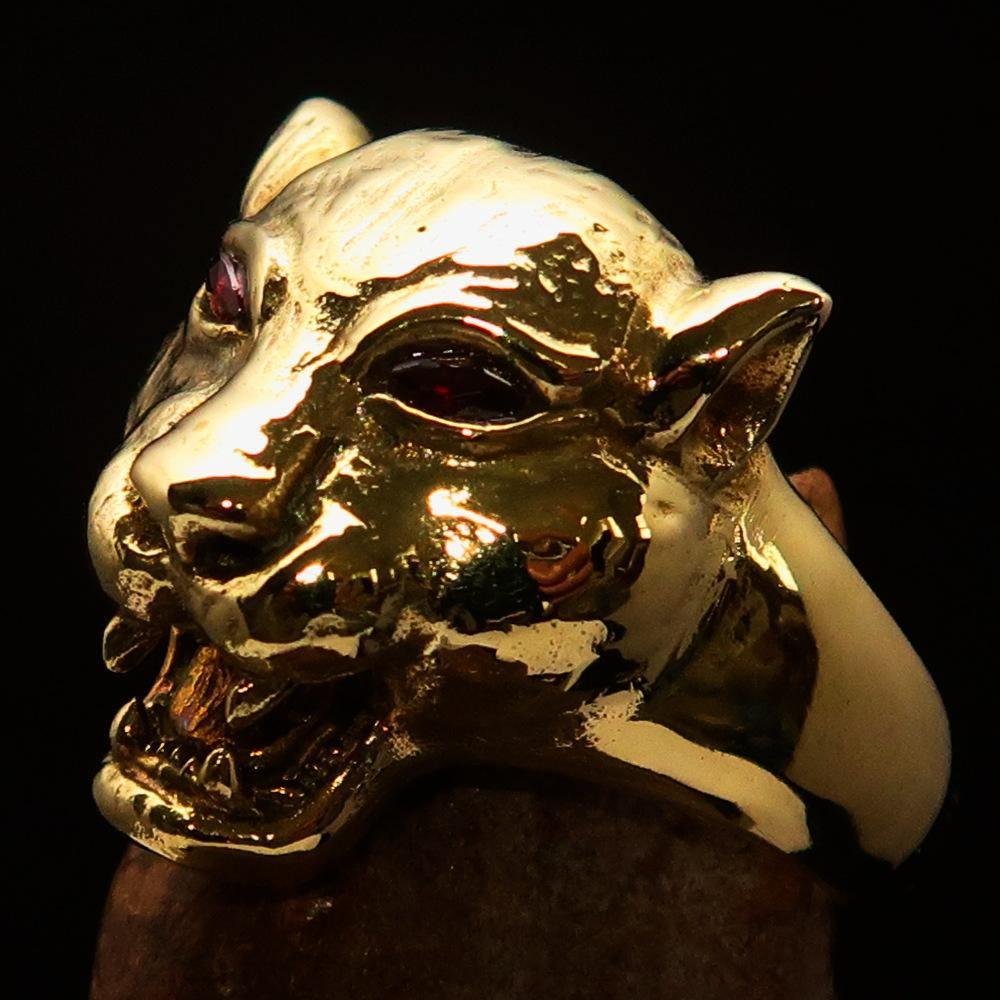 Excellent crafted Men's Brass Animal Ring Cougar red CZ Eyes - BikeRing4u