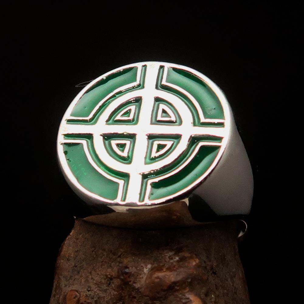 Perfectly crafted Men's Biker Ring Celtic Cross Green - Sterling Silver - BikeRing4u
