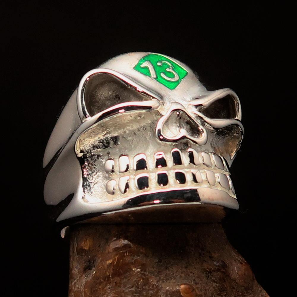 Excellent Crafted Men's green Number 13 Gnome Skull Ring - Sterling Silver - BikeRing4u