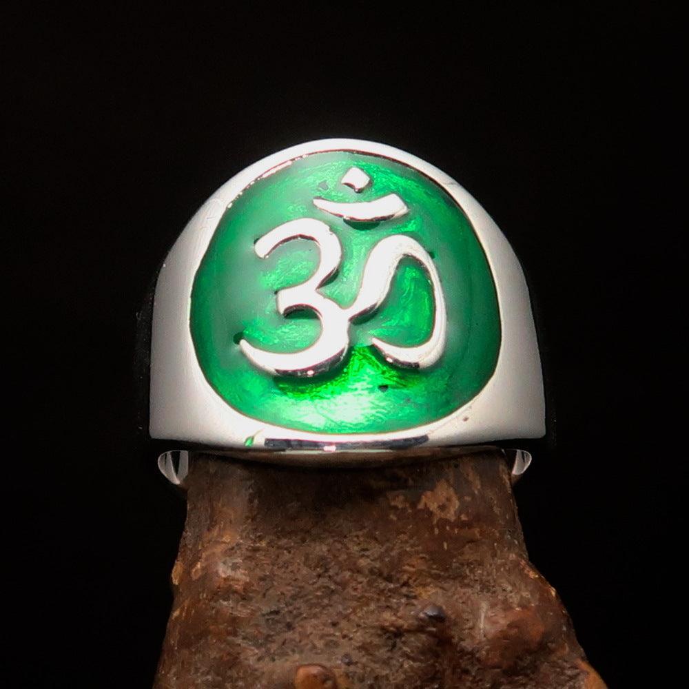 Excellent crafted Men's green Aum Buddhist Ring - Sterling Silver - BikeRing4u
