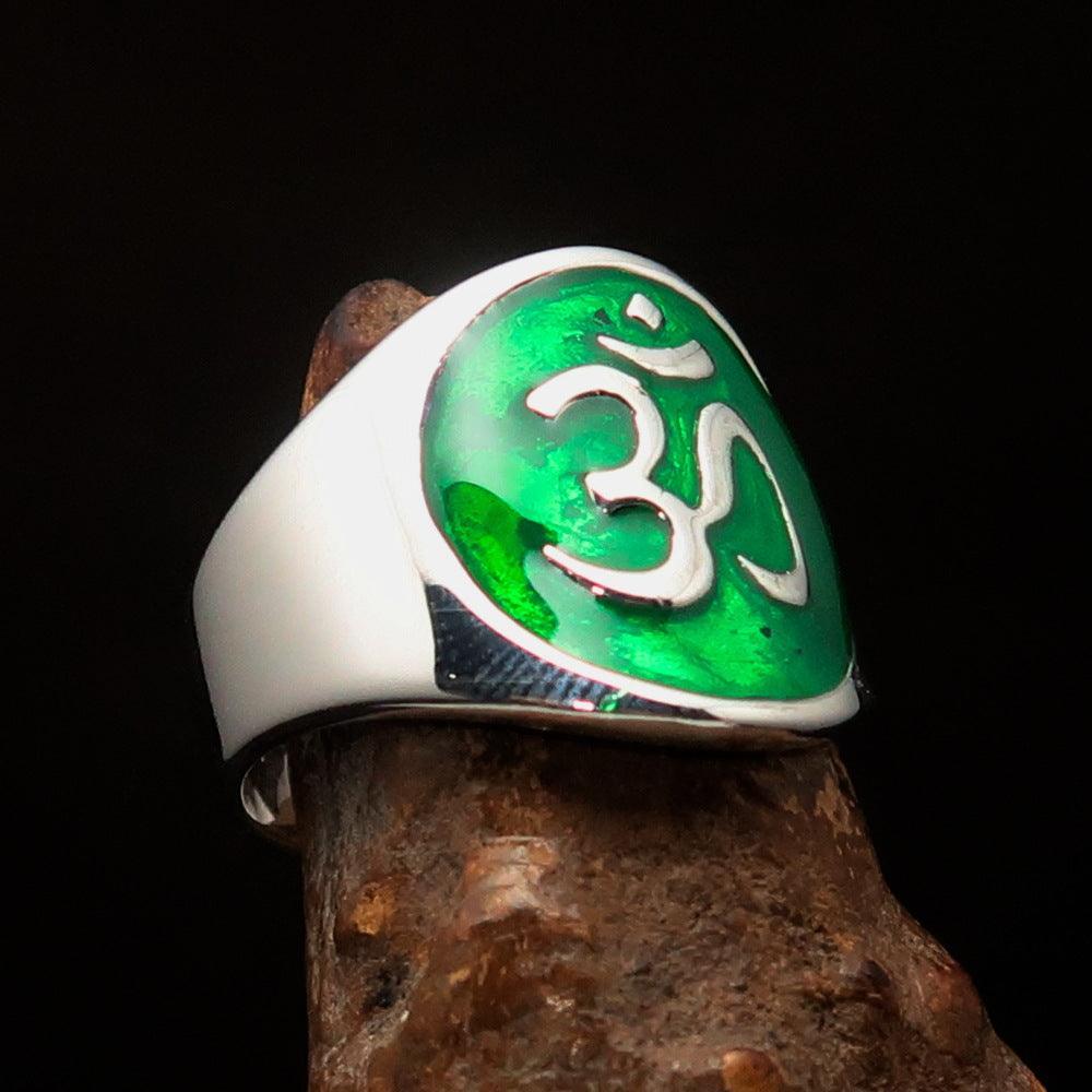 Excellent crafted Men's green Aum Buddhist Ring - Sterling Silver - BikeRing4u