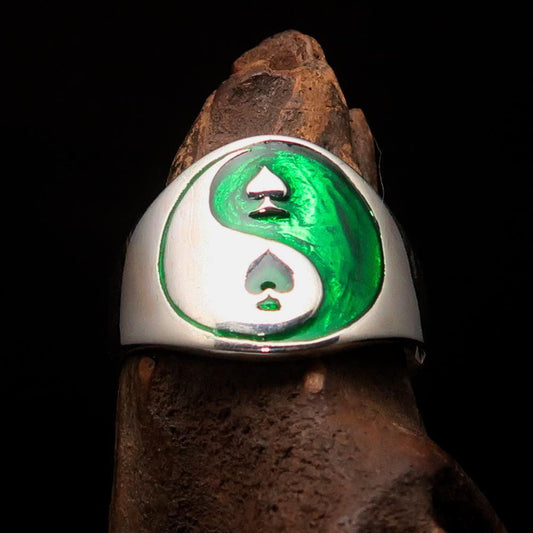 Excellent crafted Men's green Spades Yin Yang Poker Ring - Sterling Silver - BikeRing4u