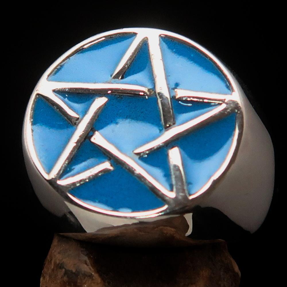 Excellent crafted Men's Pinky Ring Blue Pentagram - Sterling Silver - BikeRing4u